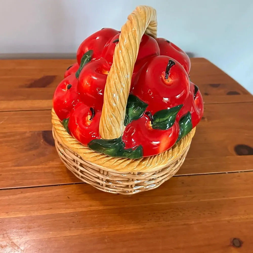 Vintage Ceramic Apple Basket Cookie Jar 1980s Hand Painted Fruit Canister Farmho